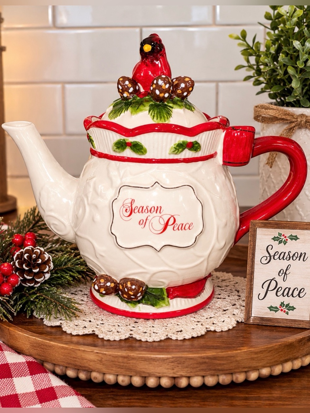 Cracker Barrel Christmas Season Of Peace Ceramic Tea Pot  Cardinal
